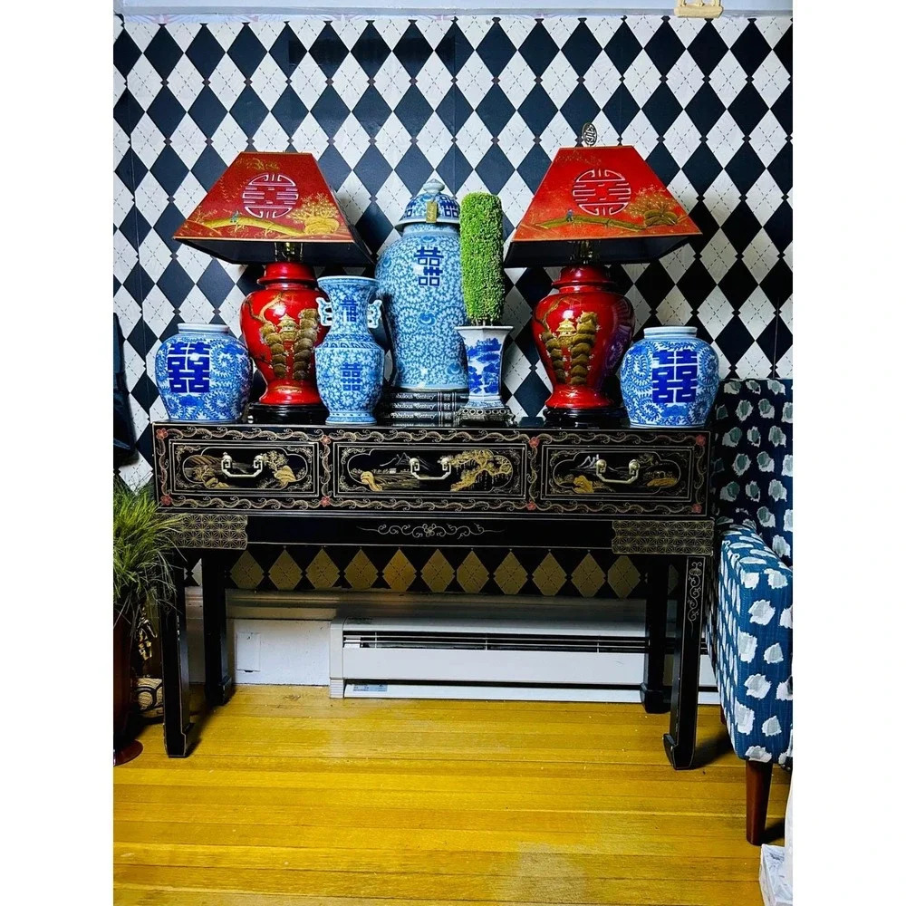 Pair Large Chinese Chinoiserie Red Lacquer Lamps Pagoda Shades Hollywood Regency